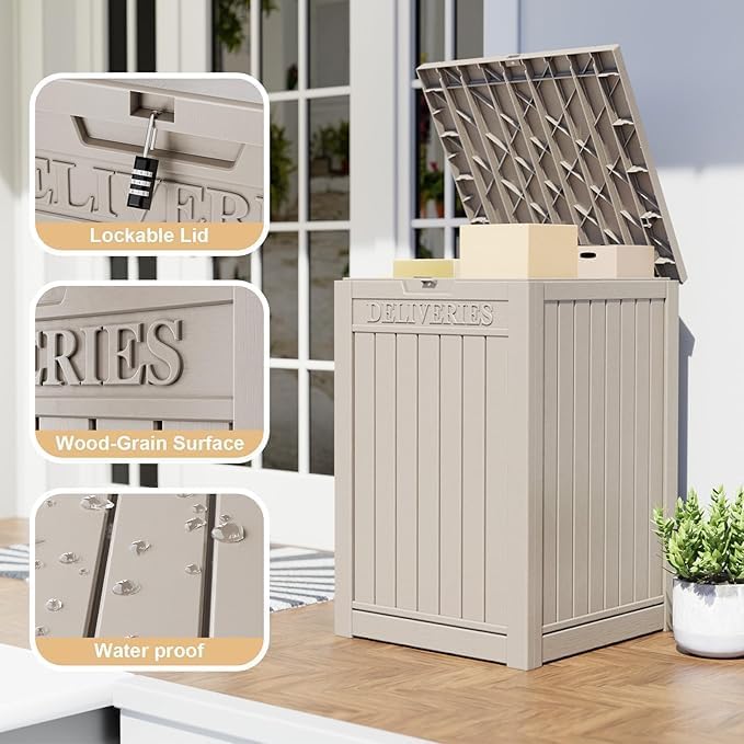 57 Gallon Resin Package Delivery Box - Rust & Moisture Resistant, Lockable, Waterproof Deck Box for Porches, Patios, Indoor & Outdoor Use（Grey，57GALLON）