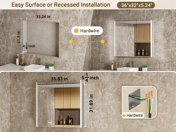 36x32 Lighted Medicine Cabinet Mirror with Magnifying & Night Lamp, 155° Soft-Close Hinge, Surface or Recessed Medicine Cabinet with Lights & Outlet, GFCI,Time Display& Inner Light,Hardwired