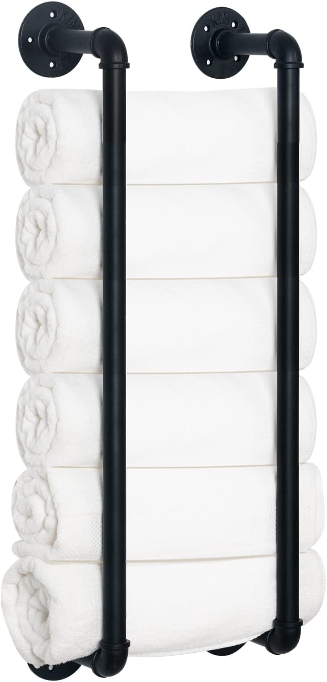 HouseAid Industrial Pipe Towel Rack, Farmhouse Bathroom Towel Storage Holder, Vintage Style Towel Organization, Wall Mounted, Matte Black