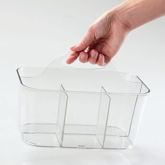 mDesign School Supplies Desk Organizer Tote for Scissors, Pens, Pencils, Notepads, Markers, Highlighters, Tape - Small, Clear