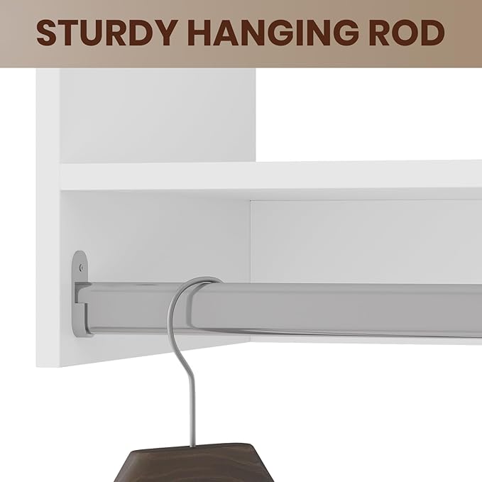 ROOMTEC Modular Closet System, 102" Closet Organizer with Hanging Rods, Wall-Mounted Wooden Tower for Walk-In Closets, Wardrobe Storage Kit, White