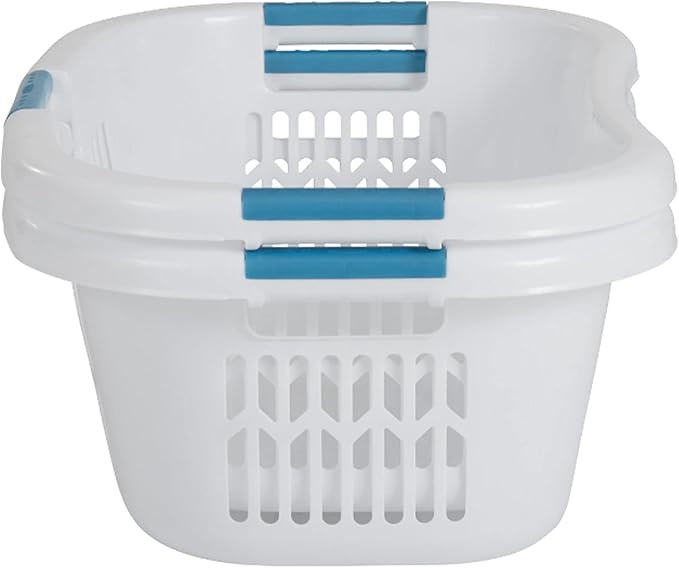 Rubbermaid 4 Pack Small Laundry Basket, 2.1 Bushel Bedroom Hamper, Hip-Hugger Plastic Clothing Bin with Carrying Handles, White