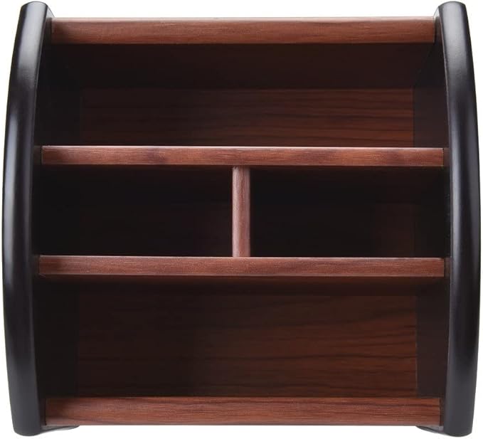 Wooden Desk Organizer, 4 Compartment Revolving Wood Desktop Organizer Office Supplies Rotating Remote Control Caddy Holder (Desk Organizer-4)