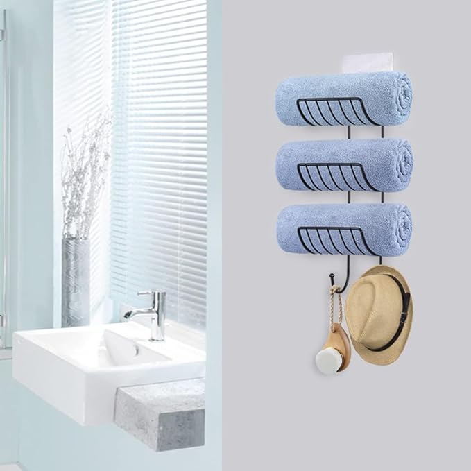 Adhesive Towel Holder for Bathroom Wall Mounted, No Drill Towel Rack Organizer with 2 Hooks for Bath Wall Storage, Black, 2 Pack