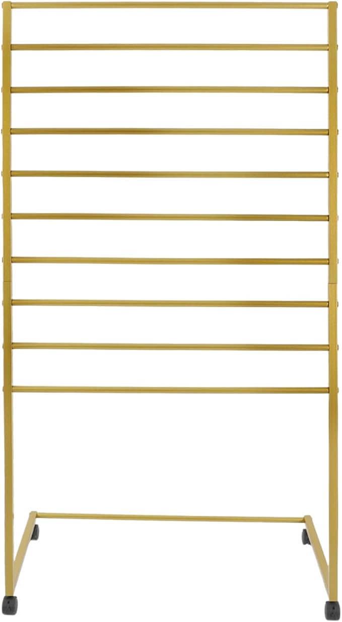 Scarf Organizer Stand, 10-Tier Freestanding Scarf Display Rack with Wheels, Metal Scarf Holder Belt Pants Hanger for Commercial Clothing Retail Store Home, 31.5" L x 15.75" W(Gold)