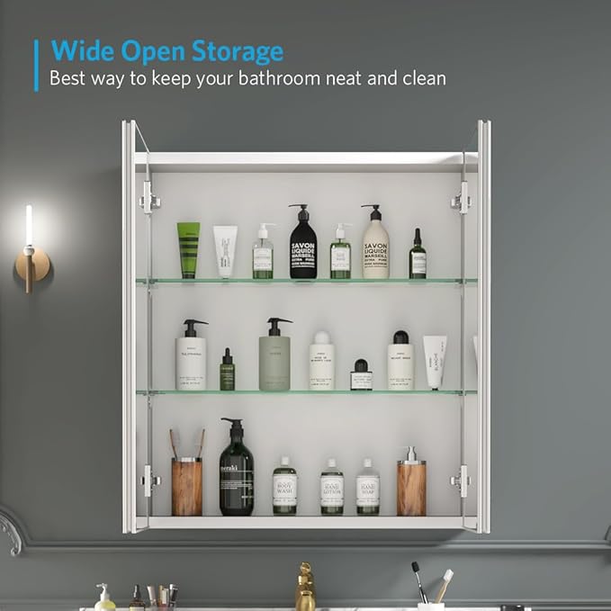 Quavikey Medicine Cabinet with Mirror for Bathroom 2 Doors Aluminum Surface Mount or Recessed Mirror Medicine Cabinet 24x26 Inch, Silver