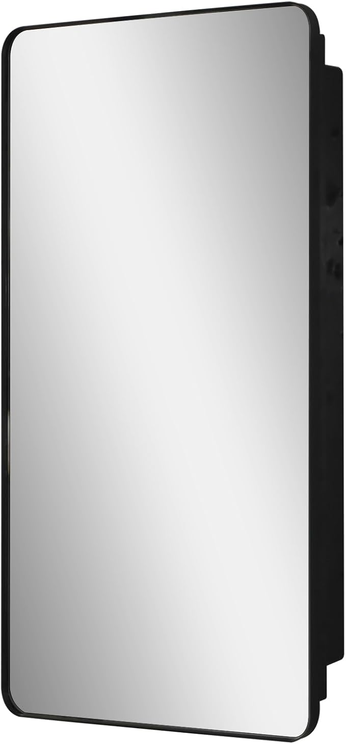 Fundin Black Plastic Medicine Cabinet, Mirror Door with Round Corner Metal Frame, Recessed and Surface Mount Bathroom Wall Medicine Cabinet, 16 x 28 inch Mirror Size