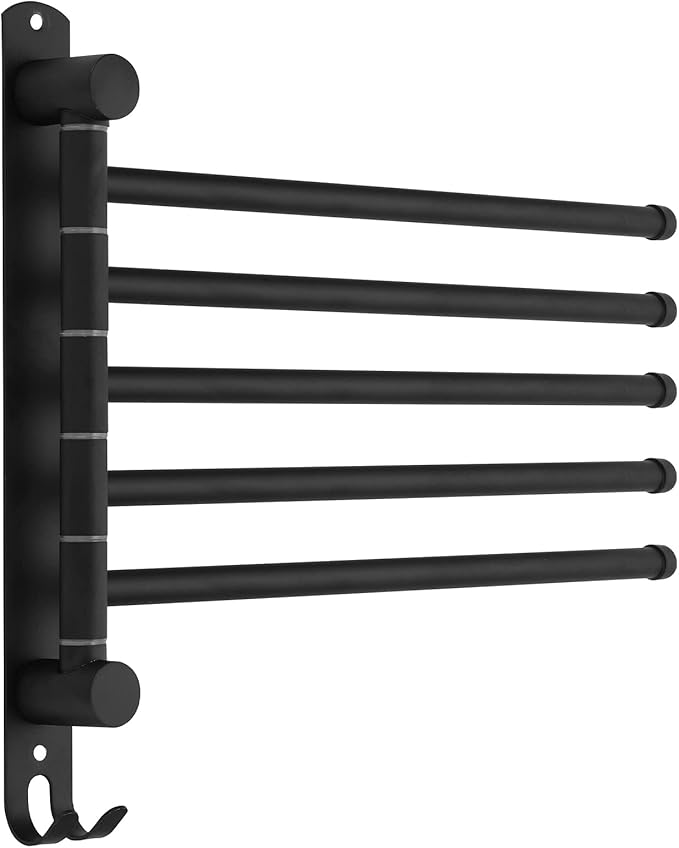 Matte Black 6 - Arm Stainless Steel Swivel Towel Rack with Hook: Wall - Mounted, Rustproof Space - Saver for Bathroom & Kitchen - 180° Rotation, 14kg Capacity