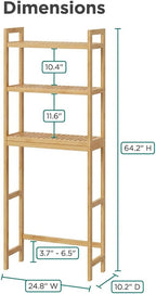 Over the Toilet Storage, 3-Tier Bamboo Bathroom Organizer with Adjustable Shelf, Space-Saving Rack, 66.9" Tall (Natural Color)
