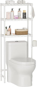Over The Toilet Shelf,3-Tier Adjustable Freestanding Metal Bathroom Organizer Shelves with Toilet Paper Holder & Hooks,Space-Saving for Narrow Small Bathroom,10”D x 24”W x 66”H,White