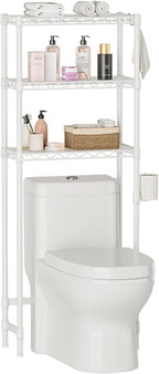 Over The Toilet Shelf,3-Tier Adjustable Freestanding Metal Bathroom Organizer Shelves with Toilet Paper Holder & Hooks,Space-Saving for Narrow Small Bathroom,10”D x 24”W x 66”H,White