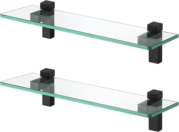 KES Glass Shelves for Bathroom 2 Pack, 16 Inch Tempered Glass Floating Shelves Wall Mount Matte Black, BGS3201S40-BK-P2