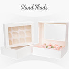 Bakepacker Auto-pop Up Cupcake Boxes with Window White 20PCS 12 Count Cupcake Box 13"x10"x3.5" Cupcakes Carrier, 12 Cupcake Containers with rolls of pink ribbons