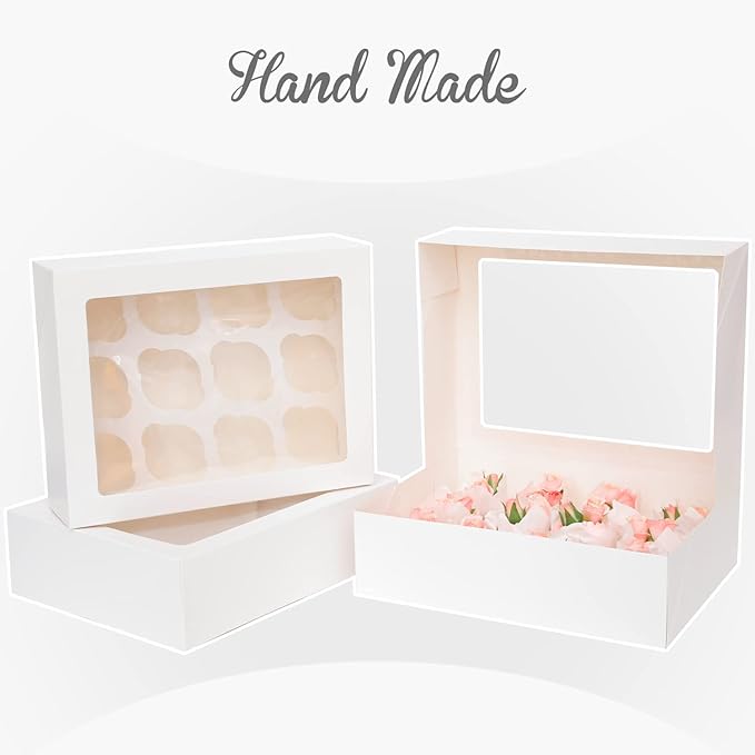 Bakepacker Auto-pop Up Cupcake Boxes with Window White 20PCS 12 Count Cupcake Box 13"x10"x3.5" Cupcakes Carrier, 12 Cupcake Containers with rolls of pink ribbons