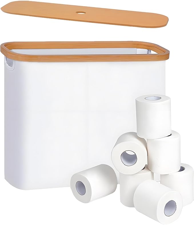 Toilet Paper Storage Cabinet with Bamboo Lid, Holds Up to 12 Rolls, Waterproof Lightweight Toilet Roll Organizer with 3-Minute Assembly, Spacious Bathroom Storage Bin for Toiletries (White)
