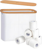 Toilet Paper Storage Cabinet with Bamboo Lid, Holds Up to 12 Rolls, Waterproof Lightweight Toilet Roll Organizer with 3-Minute Assembly, Spacious Bathroom Storage Bin for Toiletries (White)