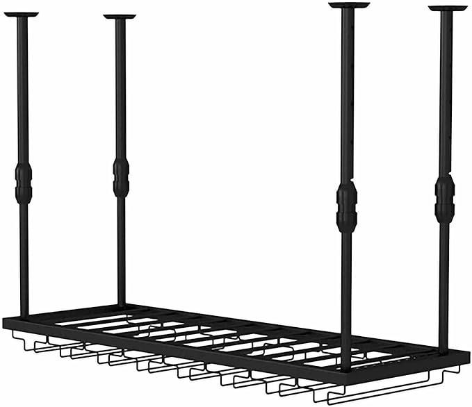 Ceiling Mounted Storage Racks Hanging Wine Rack, Adjustable Height Metal Ceiling Bottle Rack, Black Display Wine Storage Holder with Stemware Glass Shelf for Kitchen (Black 60 x 30cm)