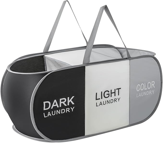 TECHMILLY Collapsible Laundry Basket Durable Pop Up Hamper with 2 Compartments for Sort and Storage, Portable Dirty Clothes Hamper for Dorm, Laundry Room or Travel (Black + Grey + Begie)