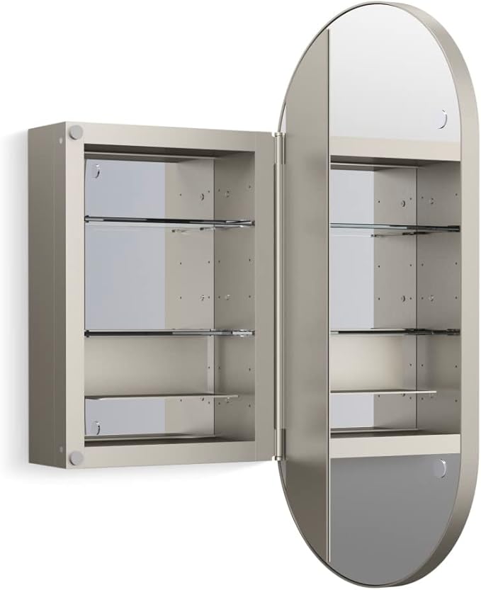Kohler 35573-BNL Verdera® Framed Medicine Cabinet Mirror, Capsule Design, Mirrored Interior, Bathroom Cabinet, Adjustable Glass Shelves, Rustproof Aluminum, 15 in. W x 30 in. H, Brushed Nickel