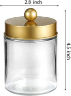 Apothecary Jar Canisters Bathroom Vanity Organizer - Qtip Holder Storage Organizer Countertop -Stainless Steel Lids &Cute Stickers for Qtips,Cotton Swabs,Makeup Sponges,Floss(3 Pack) (Gold)