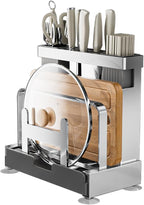 Multifunctional Cutting Board, Knife Drying Rack Kitchen Countertop Pot Lids Organizer, Knife Block Holder with Drain Tray Utensil Holders Bakeware Cookware Chopping Board Storage Stand