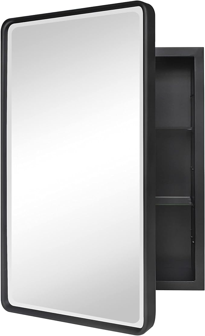 TEHOME Farmhouse Black Metal Framed Recessed Bathroom Medicine Cabinet with Beveled Mirror Rounded Rectangle Bathroom Medicine Cabinet 16x24 inch