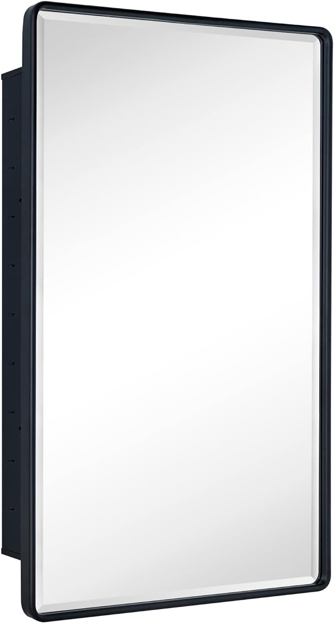 TEHOME Farmhouse Matt Black Recessed Bathroom Medicine Cabinet with Mirror Rounded Rectangle Metal Framed Medicine Cabinet with Beveled Mirror 24x36''