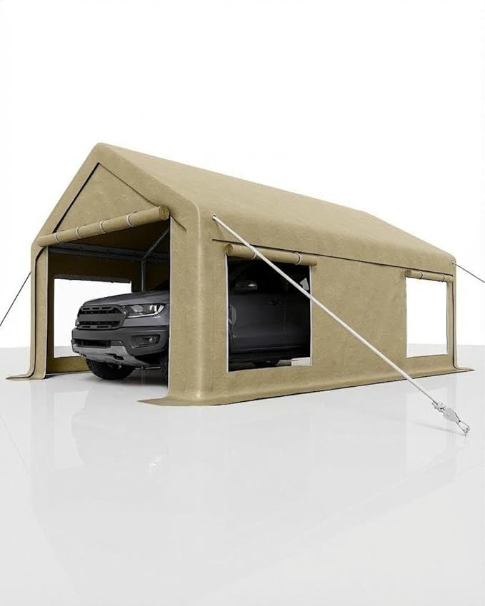 10 x 20ft Carport, Portable Carport with Roll-Up Windows & Removable Sidewalls & Doors Thickened Wind Ropes, Ground Nails, Portable Garage for Cars, Trucks, Boats, 200G Durable Tarp Cover,Yellow