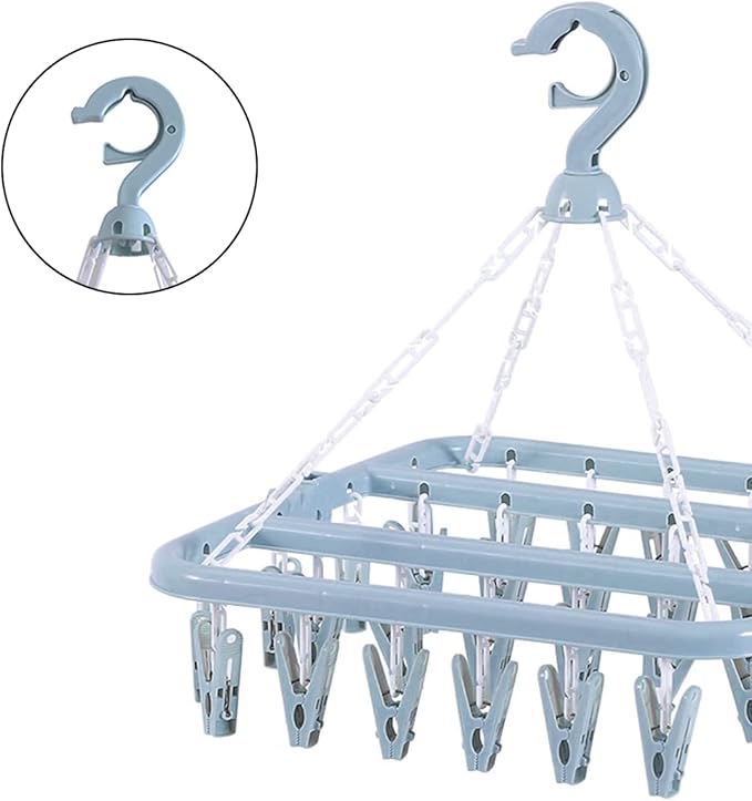 32 Clips Folding Laundry Hanger, Laundry Drying Rack Folding Sock Hanger, Hanging Drying Rack(Scandinavian Blue)