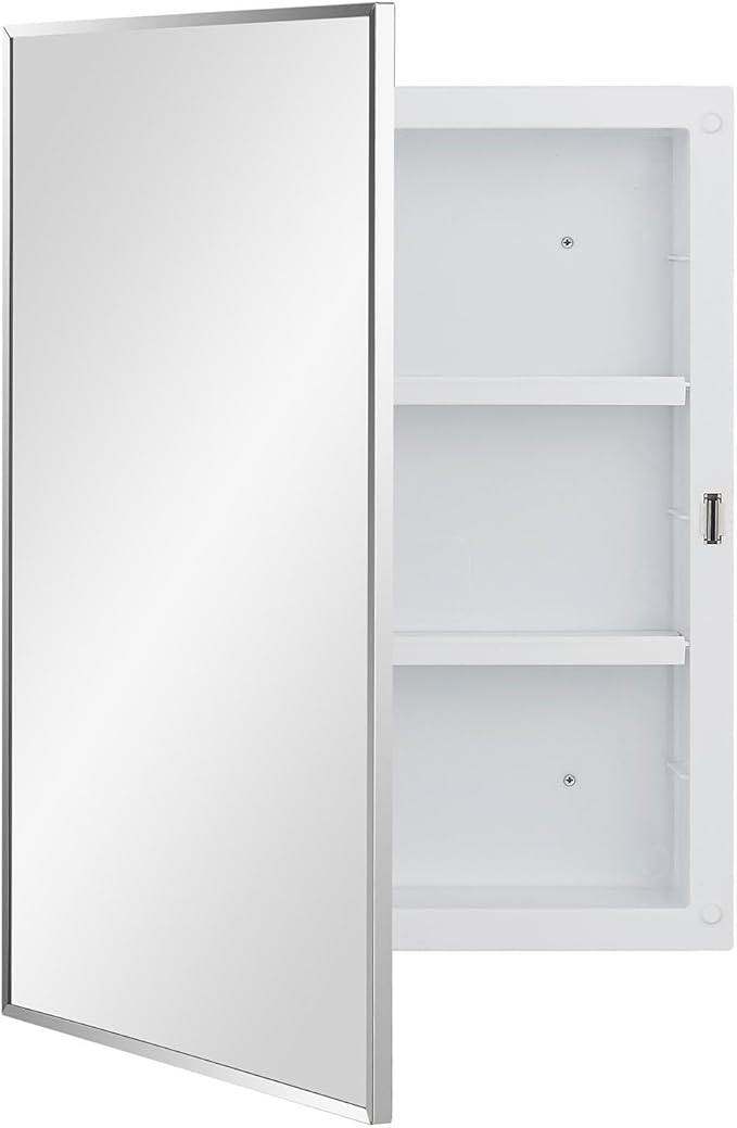 Plastic Bathroom Medicine Cabinet with Framed Mirror 16 x 22 inch, Surface and Recessed Mount