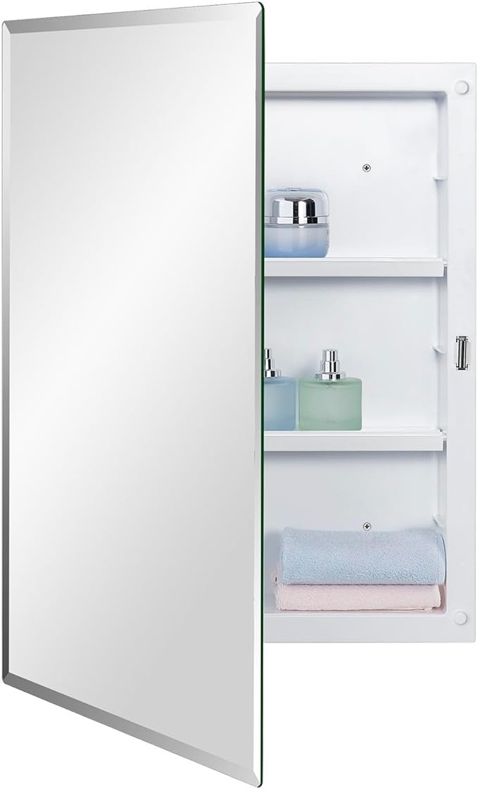 Plastic Bathroom Medicine Mirror Cabinet 16 x 22 inch, Surface and Recessed Mount, Beveled Edge Mirror