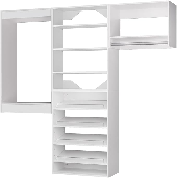ROOMTEC Modular Closet System, 84" Wall Mounted Modern Closet Organizer with Hanging Rods and Shoe Shelf, Wooden Tower for Walk-In Closets, Wardrobe Storage Kit, White