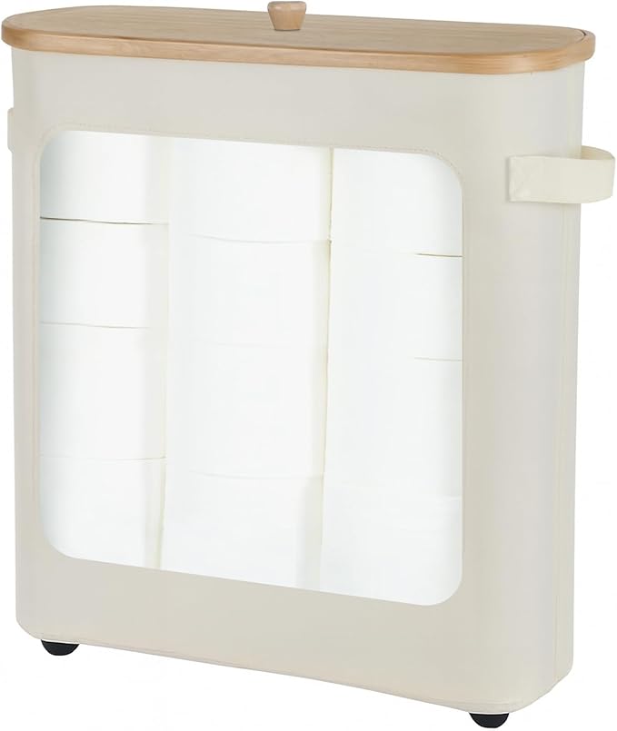 Toilet Paper Storage Basket with Lid and Handle, Foldable Toilet Paper Organizer, Large Capacity Bathroom Storage Holder for 12 Mega or 16 Regular Rolls, Beige