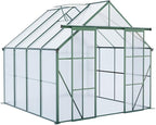 Heavy-Duty Walk-in Polycarbonate Greenhouse with Dual Sliding Doors, Adjustable Roof Ventilation, and Galvanized Steel Base for Year-Round Outdoor Gardening (Green 8*8FT)