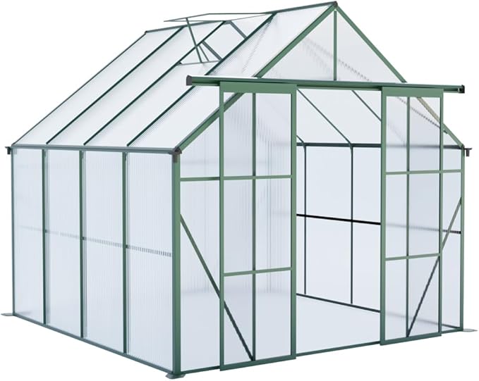 Heavy-Duty Walk-in Polycarbonate Greenhouse with Dual Sliding Doors, Adjustable Roof Ventilation, and Galvanized Steel Base for Year-Round Outdoor Gardening (Green 8*8FT)