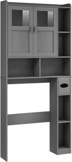 Vabches Over The Toilet Storage Cabinet, Bathroom Shelf Over Toilet with Glass Doors and Adjustable Shelves, Natural Grey Freestanding Home Space Save Toilet Rack, for Restroom, Bathroom, Laundry
