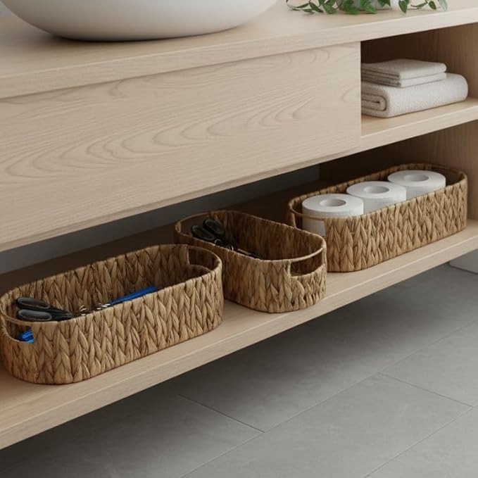 Toilet Paper Storage, Basket with Handles, Bathroom Decor, Wicker Basket, Storage Basket for Organizing, Empty Gift Basket, Shelves, Back of Toilet Basket (14.2" × 6.3" × 3.9")