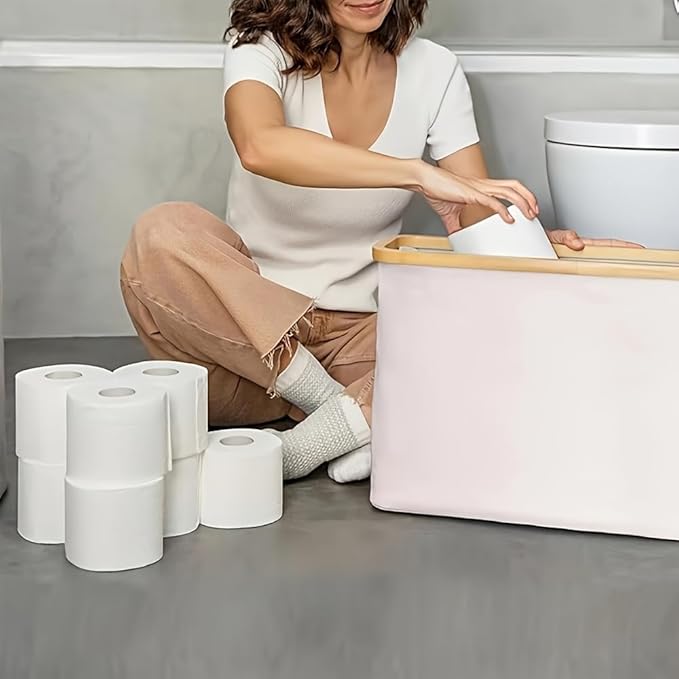 Toilet Paper Storage Basket, Oxford Cloth Papers Container with Lid, Medium Toilets Holder for Up to 12 Regular or 9 Mega Rolls, Organizer for Bathroom, Waterproof, Beige, 1 Pack (Black)