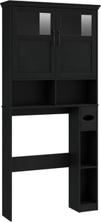 Vabches Over The Toilet Storage Cabinet, Storage Cabinet Over Toilet with Double Doors & Toilet Paper Holder Stand, Freestanding Toilet Shelf Space Saver with Anti-Tip Design & Adjustable Shelf, Black