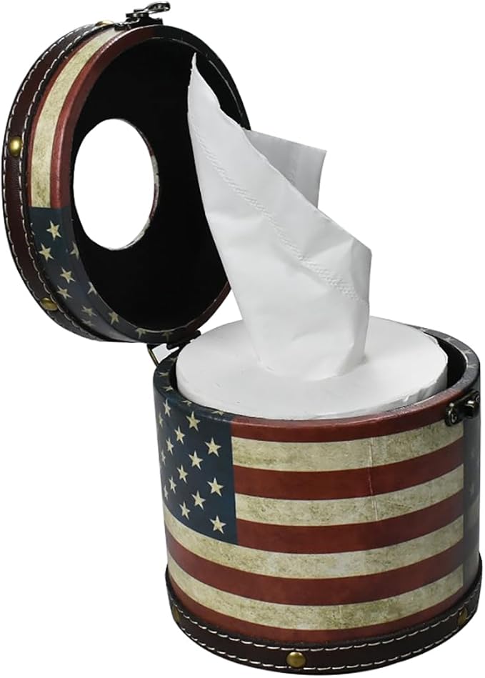 Decorative Toilet Paper Roll Cover with Lid - 5.5cm Diameter, PU Leather & Wood, Space-Saving, Multi-Color, Waterproof Bathroom Storage for Tissues, Cosmetics, Remotes (US Flag)