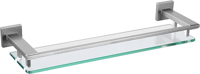 LANC Bathroom Shelves Glass Shelf 20-Inch Brushed Nickel Floating Tempered Glass Shelf Rectangular Modern Stainless Steel Wall Mount Shelves for Shower Bathroom Kitchen Organizers Accessories，A7613BN