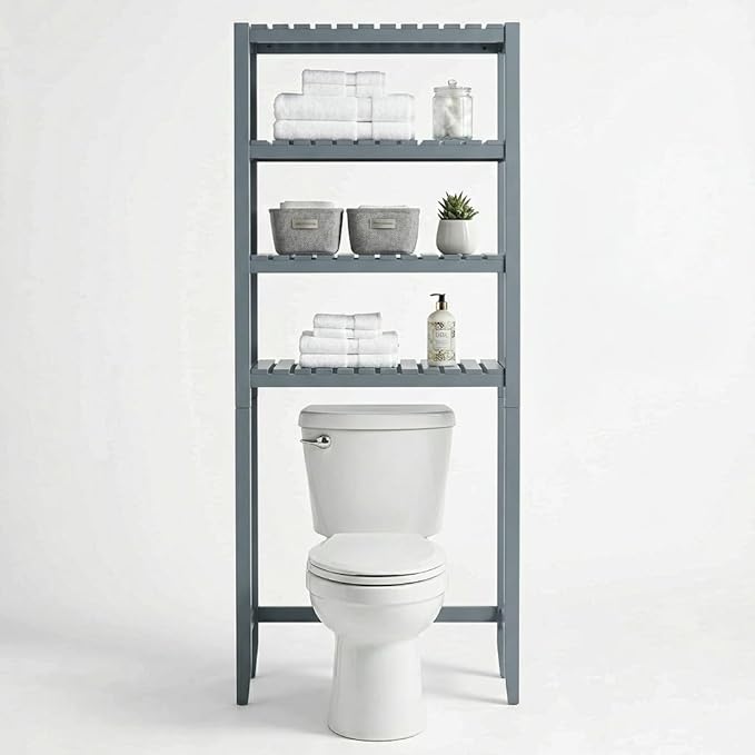 Over the Toilet Storage, 3-Tier Bamboo Bathroom Organizer with Adjustable Shelf, Space-Saving Rack, 66.9" Tall (Grey)
