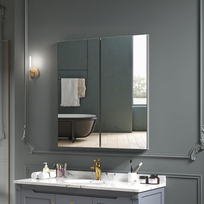 Quavikey Medicine Cabinet with Mirror for Bathroom 2 Doors Aluminum Surface Mount or Recessed Mirror Medicine Cabinet 24x26 Inch, Silver