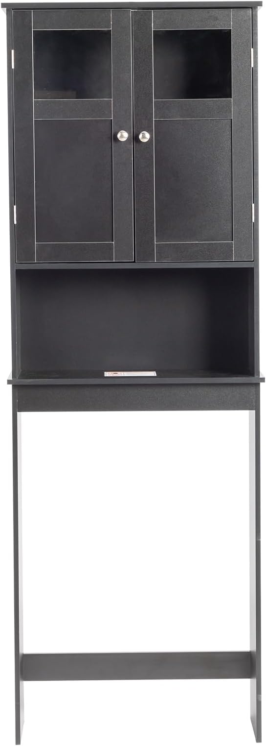 Over The Toilet Cabinet with Shelf and 2Doors, Bathroom Space Saver Organizer Above Toilet,Taller Wooden Free Standing Toilet Rack for Bathroom, Restroom, Laundry (Black)