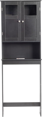 Over The Toilet Cabinet with Shelf and 2Doors, Bathroom Space Saver Organizer Above Toilet,Taller Wooden Free Standing Toilet Rack for Bathroom, Restroom, Laundry (Black)