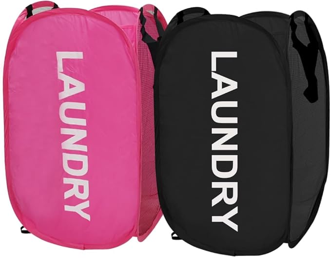 Larpur Pop Up Laundry Baskets, 2 Pack Mesh Laundry Hampers Collapsible Clothes Hampers, Portable Cruise Laundry Hampers for Home, Dorm, Travel (Black + Pink)