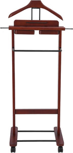 Clothes Valet Stand, Wood Valet Stand Suit Rack Stand with Drawer for Men/Women, Contour Hanger, Trouser Bar, Belt Hooks Shoe Rack, Freestanding Valet Stand (Reddish Orange)