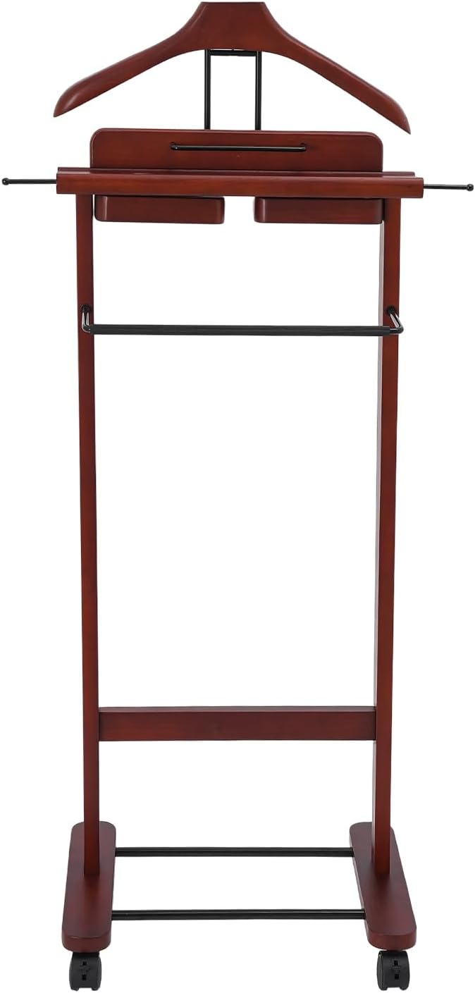 Suit Valet Stand for Men, Wood Freestanding Clothing Rack with Drawer, Top Tray, Contour Hanger, Trouser Bar, Tie & Belt Hooks and Shoe Rack Suit Stand w/Lockable Wheels