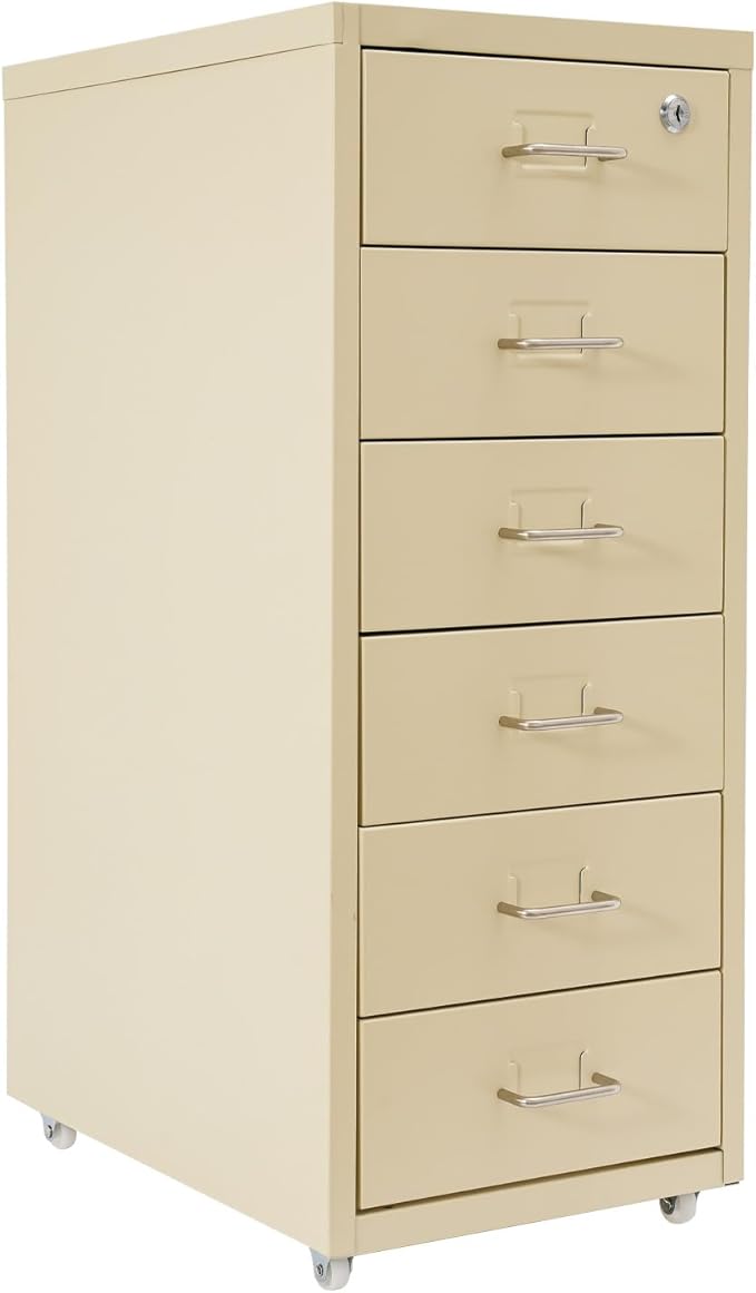 6 Drawer Metal Vertical Office Filing Cabinets, File Cabinet with Lock, Home Office Narrow Storage Cabinet for A4/F4/Letter/Legal(Beige)