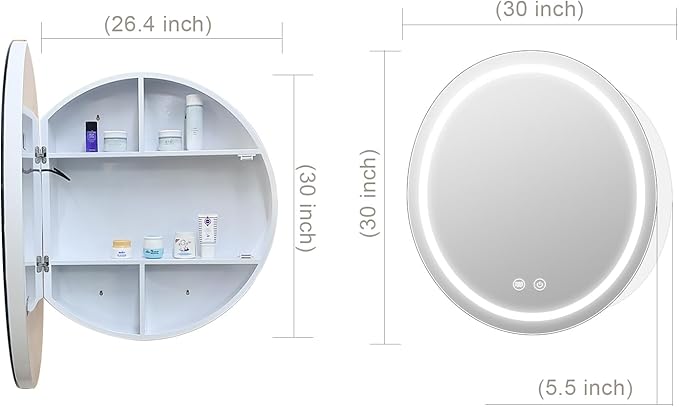 30 inch Round Medicine Cabinet with Lights,Led Medicine Cabinet with Defogger,Illuminated Mirror Cabinet for Bathroom,Dimmable,Defogger,3 Color Temperature 3000k-6500k White